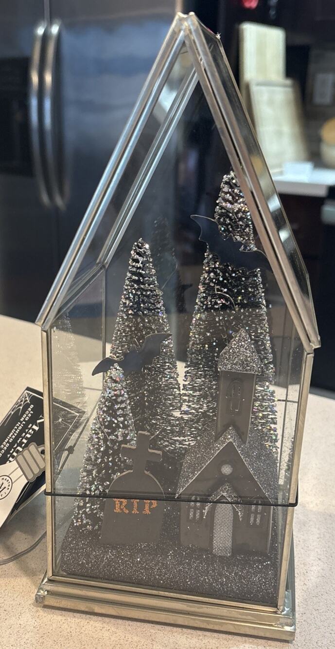 NWT Martha Stewart Halloween Glass Metal Light Up House LED Decor Bats Graveyard